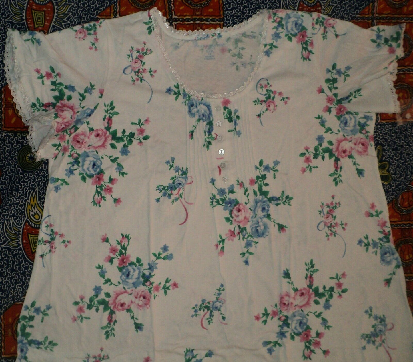 Only Necessities Plus Size  White Floral Long Pintucked Knit Nightgown Size 1X