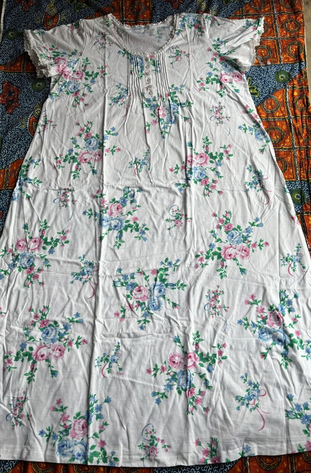 Only Necessities Plus Size  White Floral Long Pintucked Knit Nightgown Size 1X