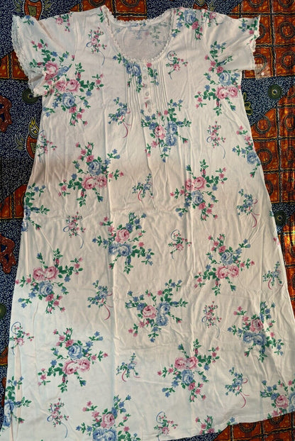 Only Necessities Plus Size  White Floral Long Pintucked Knit Nightgown Size 1X