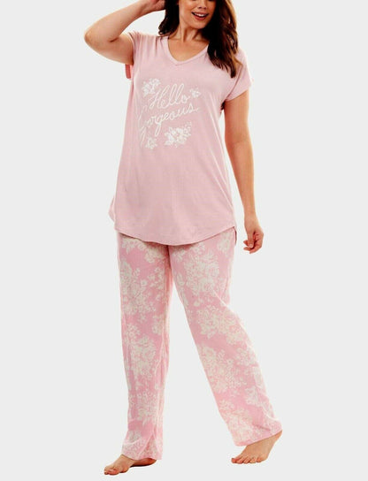 Dreams & Co. Plus Size Pink Hello Gorgeous Graphic Tee Pajama Set Size 1X-22/24