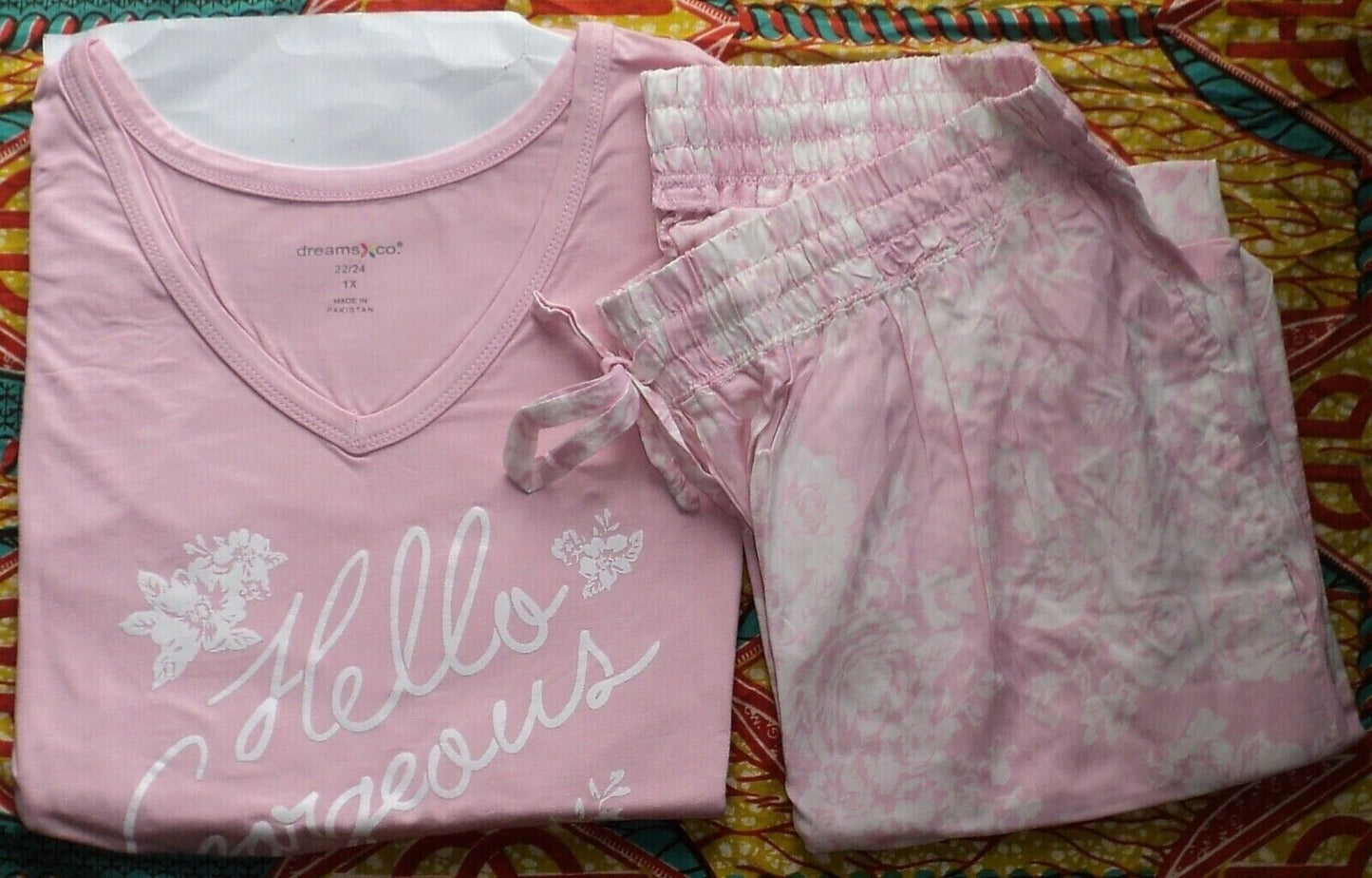 Dreams & Co. Plus Size Pink Hello Gorgeous Graphic Tee Pajama Set Size 1X-22/24