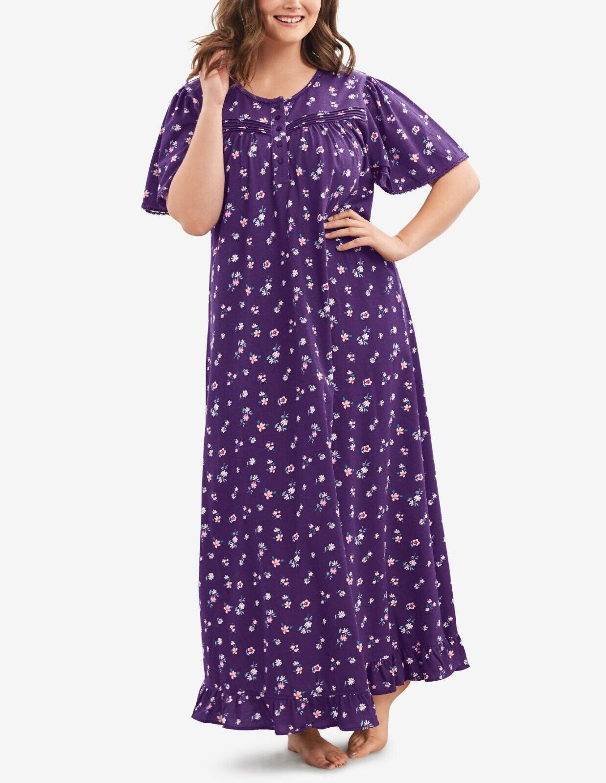 Dreams & Co. Plus Size Rich Violet Florals Long Cotton Knit Nightgown Size 2X