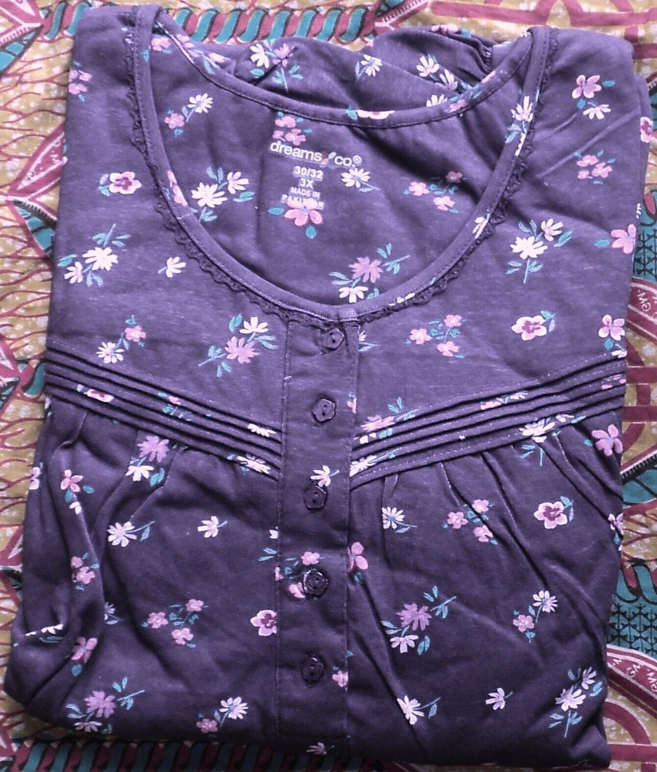 Dreams & Co. Plus Size Rich Violet Florals Long Cotton Knit Nightgown Size 2X