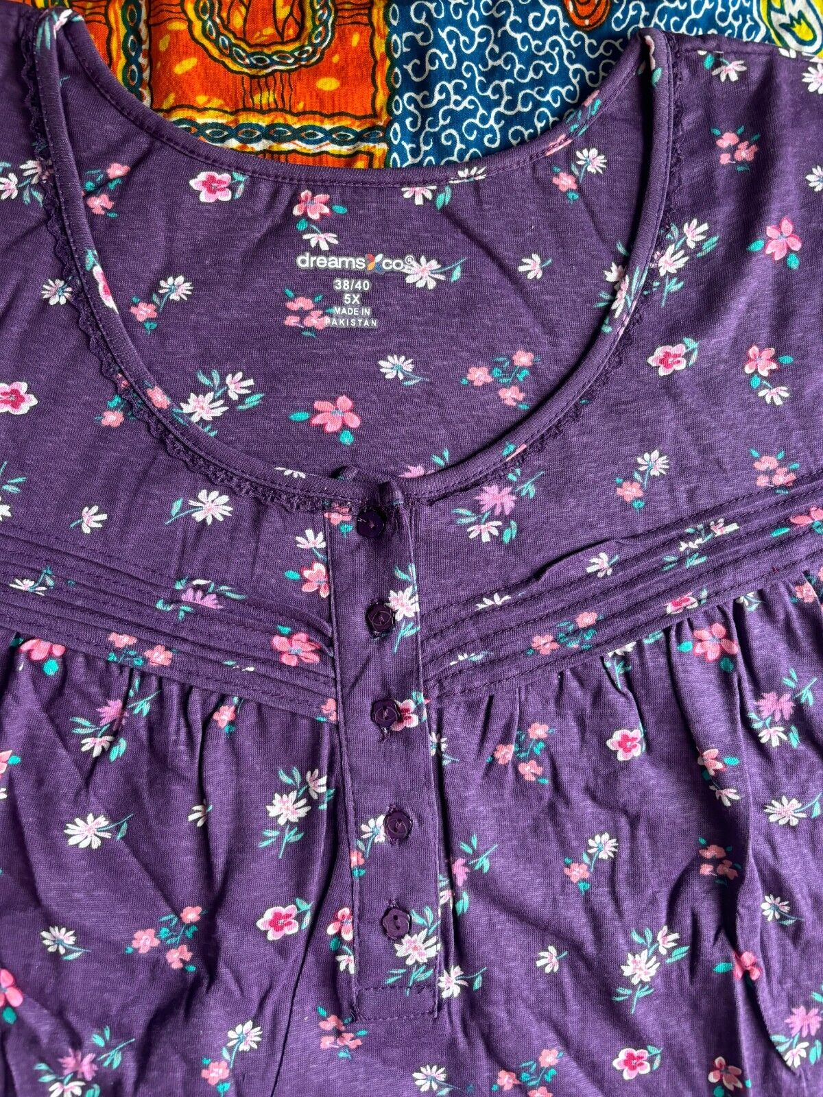 Dreams & Co. Plus Size Rich Violet Florals Long Cotton Knit Nightgown Size 2X