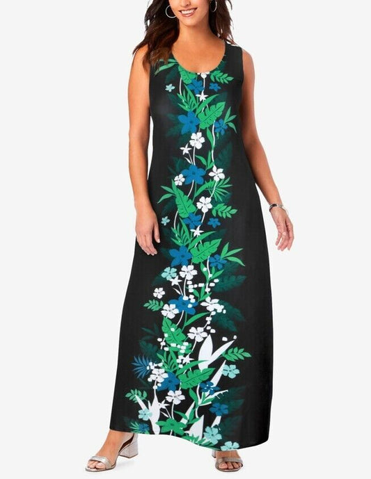 Jessica London Plus Size Kelly Green Tropical Sleeveless Knit Maxi Dress Sz 30W