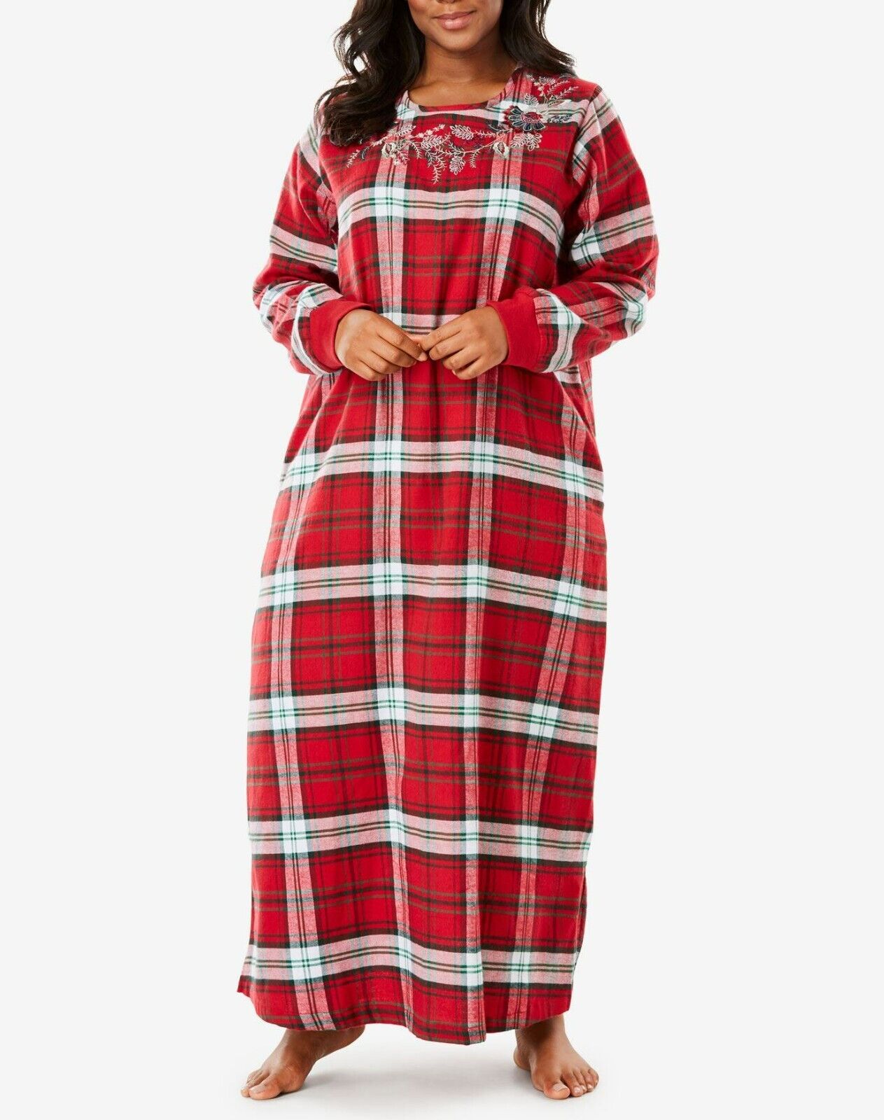 Dreams & Co Plus Size Classic Red Plaid Embroidered Cotton Flannel Lounger Sz 1X