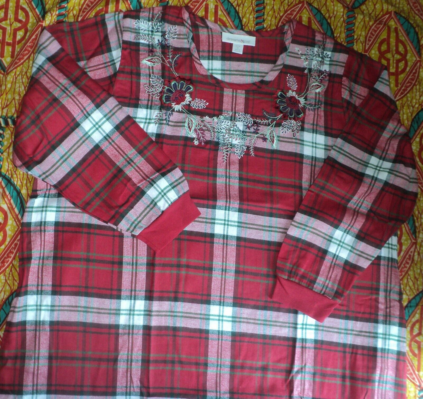 Dreams & Co Plus Size Classic Red Plaid Embroidered Cotton Flannel Lounger Sz 1X