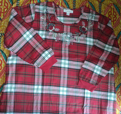 Dreams & Co Plus Size Classic Red Plaid Embroidered Cotton Flannel Lounger Sz 1X
