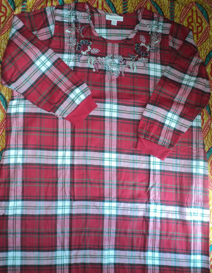 Dreams & Co Plus Size Classic Red Plaid Embroidered Cotton Flannel Lounger Sz 1X