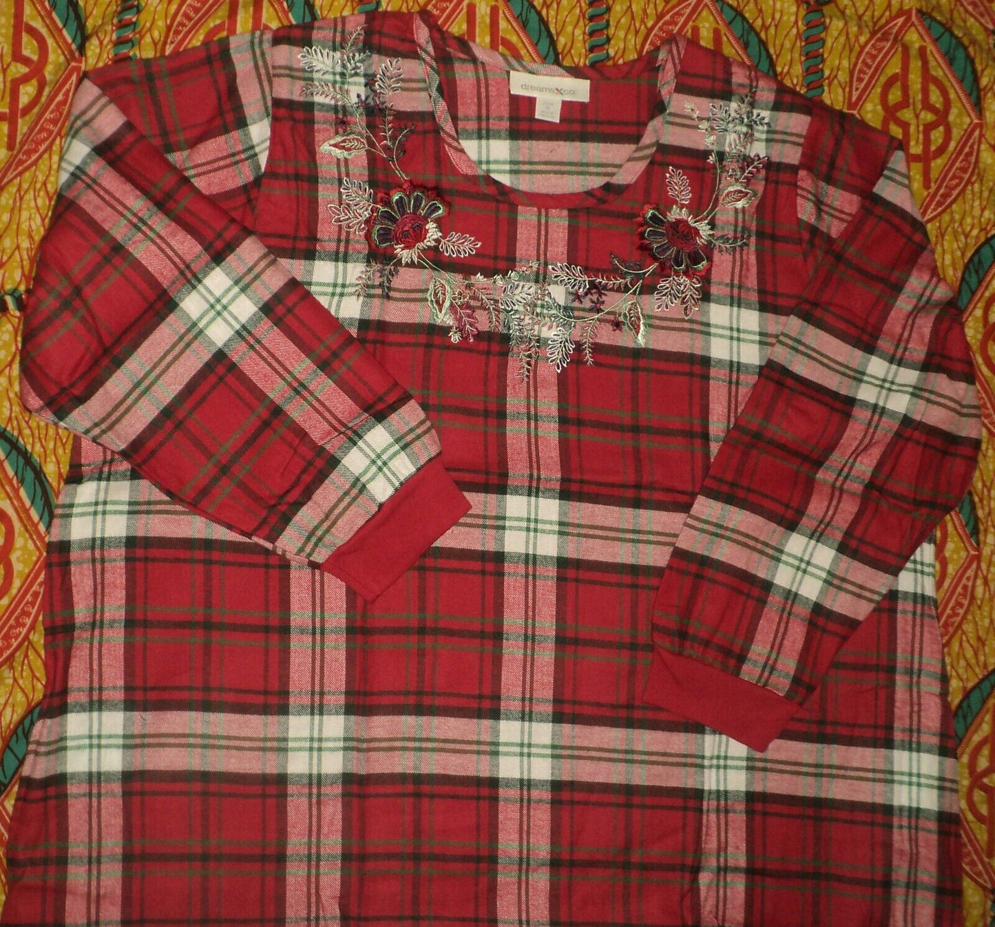 Dreams & Co Plus Size Classic Red Plaid Embroidered Cotton Flannel Lounger Sz 1X