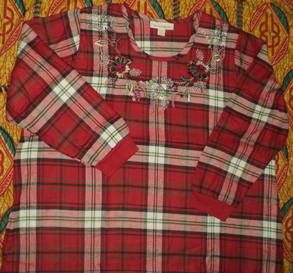 Dreams & Co Plus Size Classic Red Plaid Embroidered Cotton Flannel Lounger Sz 1X