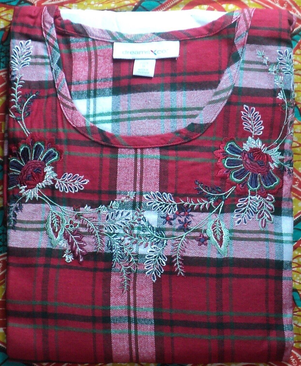 Dreams & Co Plus Size Classic Red Plaid Embroidered Cotton Flannel Lounger Sz 1X