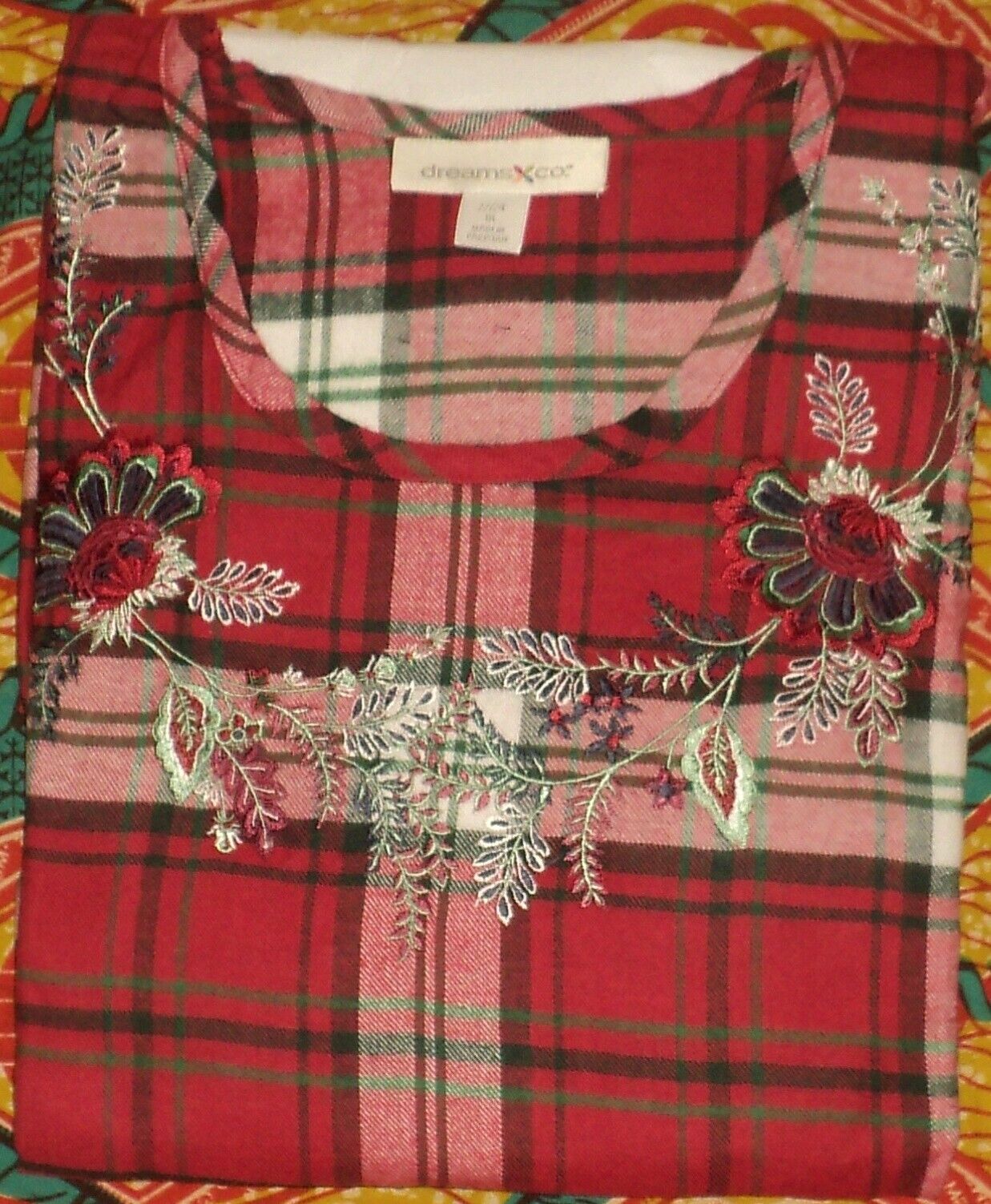 Dreams & Co Plus Size Classic Red Plaid Embroidered Cotton Flannel Lounger Sz 1X