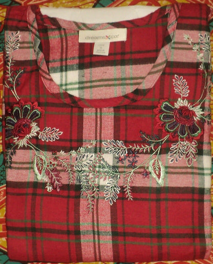 Dreams & Co Plus Size Classic Red Plaid Embroidered Cotton Flannel Lounger Sz 1X