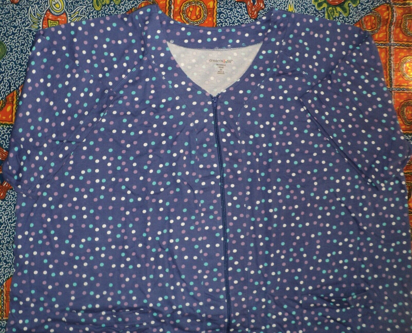 Dreams & Co. Plus Size Ultra Blue Multi Short Sleeves Long Zip-Front Robe Sz 5X