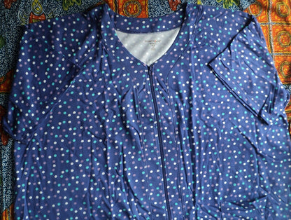 Dreams & Co. Plus Size Ultra Blue Multi Short Sleeves Long Zip-Front Robe Sz M