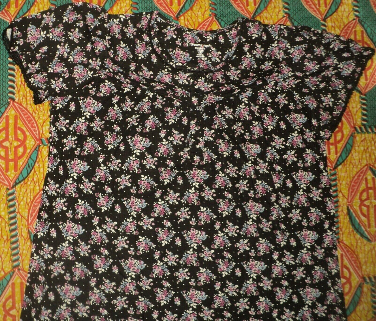 Dreams & Co. Plus Size Petite Black Bouquet Long Cotton Knit Nightgown Size 3X