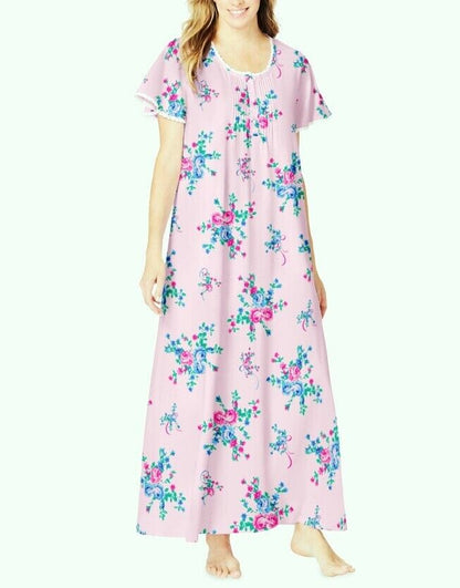 Only Necessities Plus Size Pink  Floral Long Pintucked Knit Nightgown Size 2X