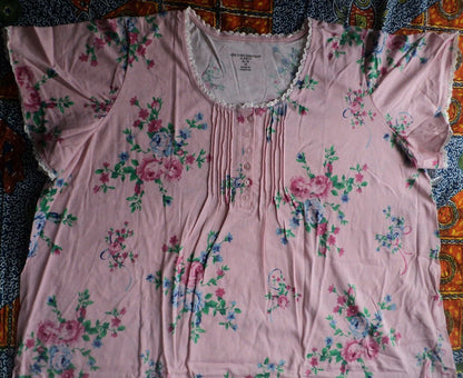 Only Necessities Plus Size Pink  Floral Long Pintucked Knit Nightgown Size 2X