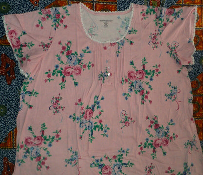 Only Necessities Plus Size Pink  Floral Long Pintucked Knit Nightgown Size 2X