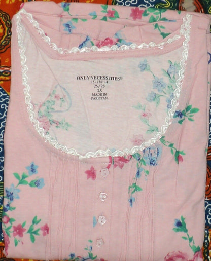 Only Necessities Plus Size Pink  Floral Long Pintucked Knit Nightgown Size 2X