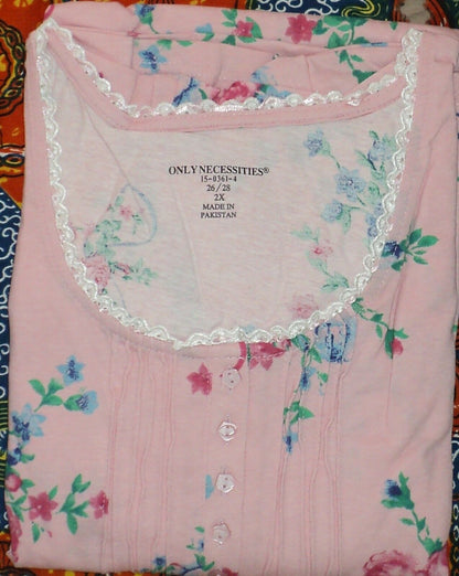 Only Necessities Plus Size Pink  Floral Long Pintucked Knit Nightgown Size 3X