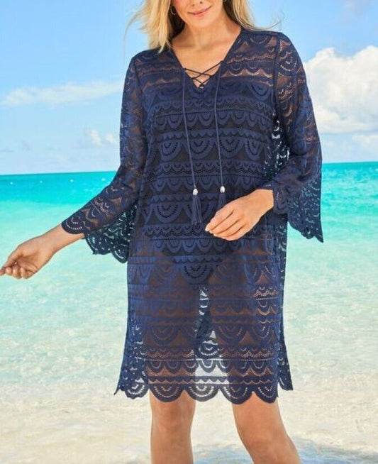Swimsuits for all Plus Size Navy Scallop Lace Cover Up Size 22/24