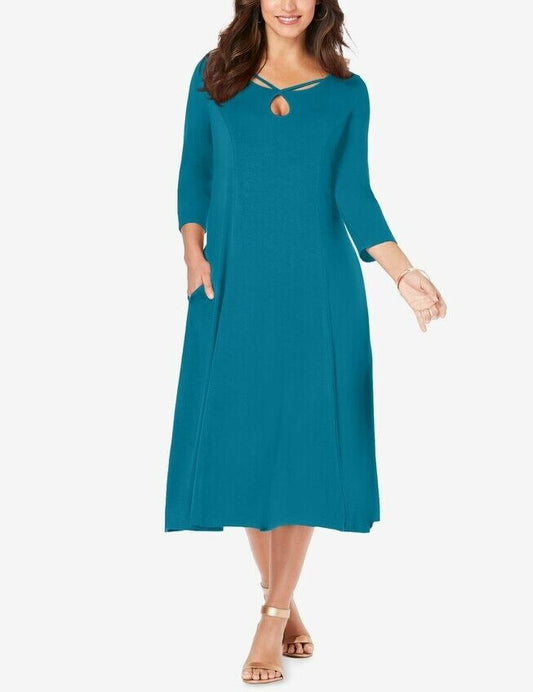 Jessica London Plus Size Deep Teal 3/4 sleeves Twisted Keyhole Dress Size 18W