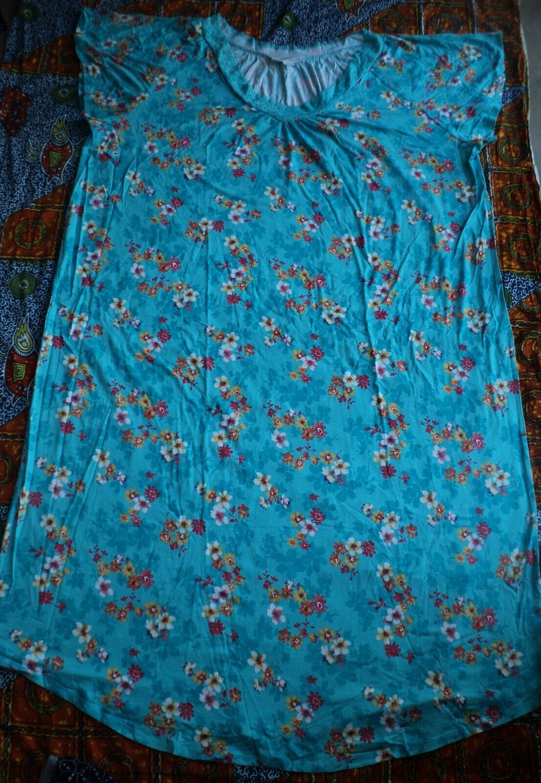 Dreams & Co. Plus Size Caribbean Blue Floral Lace Trim Knit Nightgown Size 1X