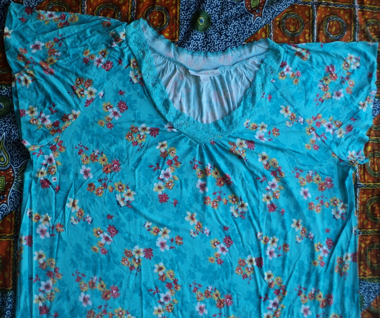 Dreams & Co. Plus Size Caribbean Blue Floral Lace Trim Knit Nightgown Size 1X