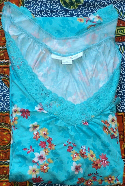 Dreams & Co. Plus Size Caribbean Blue Floral Lace Trim Knit Nightgown Size 1X