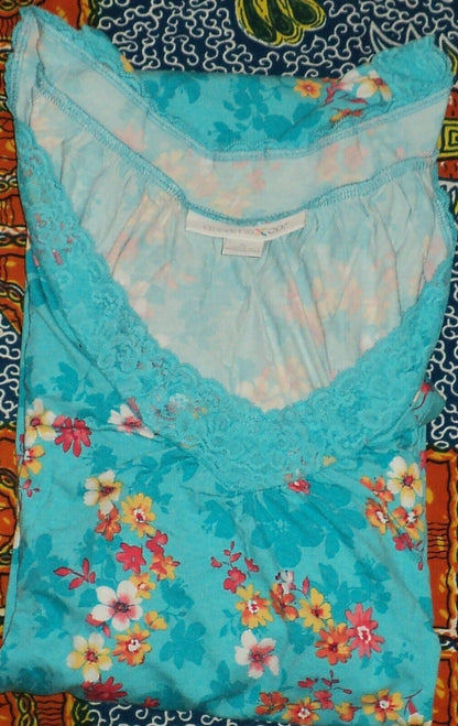 Dreams & Co. Plus Size Caribbean Blue Floral Lace Trim Knit Nightgown Size 1X