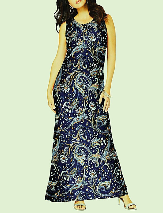 Denim 24/7  Plus Size Petite Navy Folklore Ultra Smooth Print Maxi Dress Size 4X