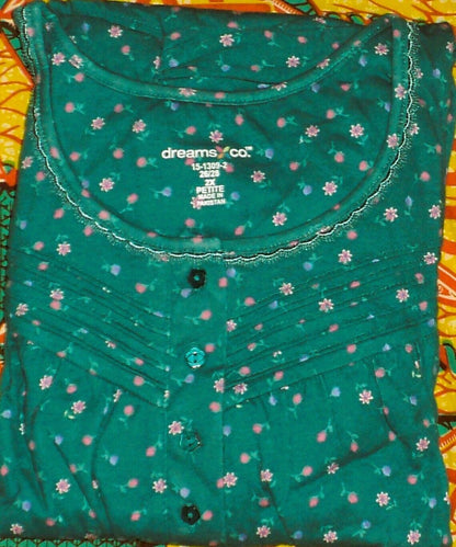 Dreams & Co. Plus Size Petite Deep Teal Ditsy Long Cotton Knit Nightgown Sz 4X