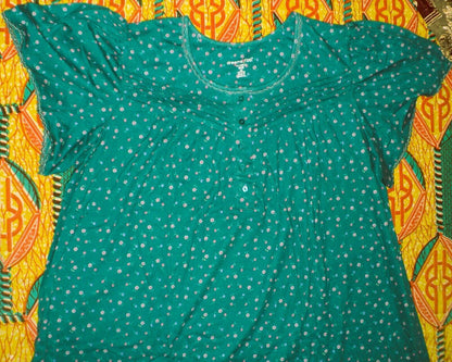 Dreams & Co. Plus Size Petite Deep Teal Ditsy Long Cotton Knit Nightgown Sz 4X