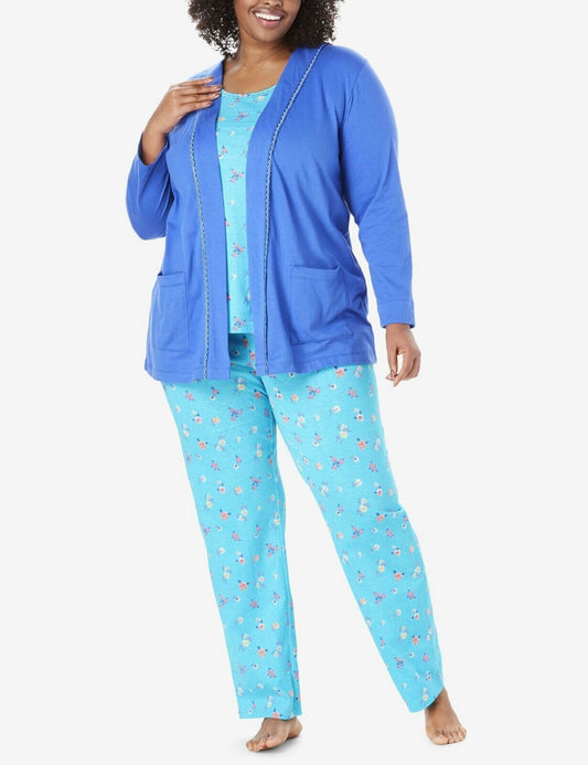 Only Necessities Plus Size Bright Aqua Flowers 3-piece Cotton Pajama Set Size L