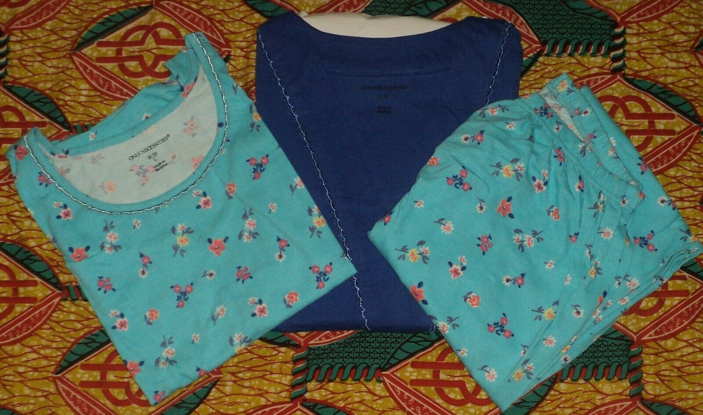 Only Necessities Plus Size Bright Aqua Flowers 3-piece Cotton Pajama Set Size L