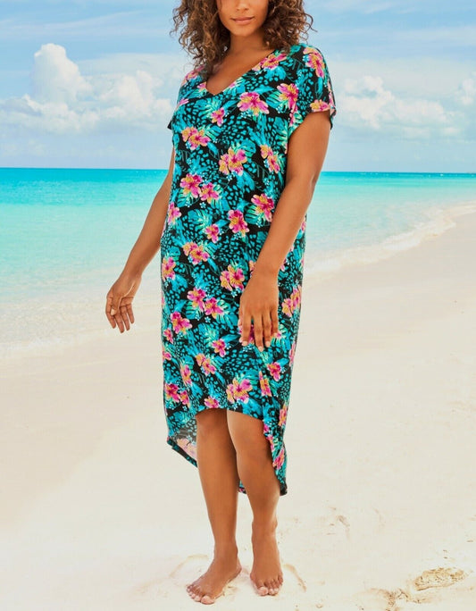 Swimsuits For All Plus Size Trop Animal Turq High-Low Cover Up Size 34/36