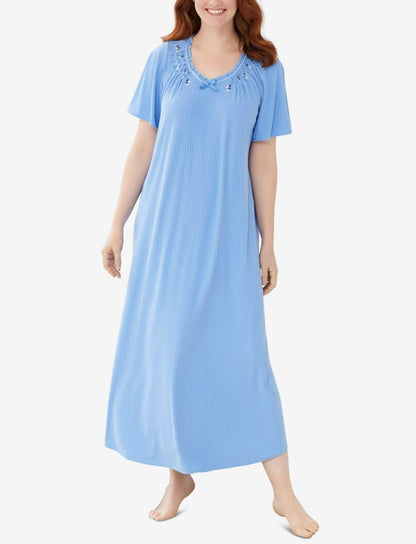 Only Necessities Plus Size Blue Flutter Sleeve Rib Knit Long Nightgown Size L