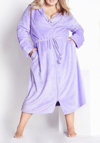 Avenue Plus Size Lavender Zip Front Plain Hooded Robe Size 14/16