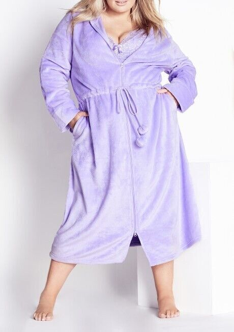 Avenue Plus Size Lavender Zip Front Plain Hooded Robe Size 30/32