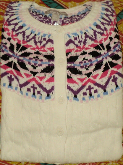 Woman Within Plus Size Ivory Cable Knit Fair Isle Cardigan Sweater 2X(26/28)