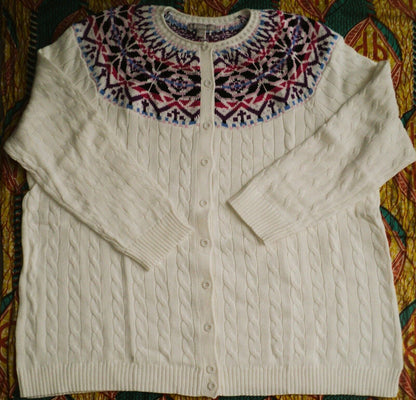 Woman Within Plus Size Ivory Cable Knit Fair Isle Cardigan Sweater 2X(26/28)