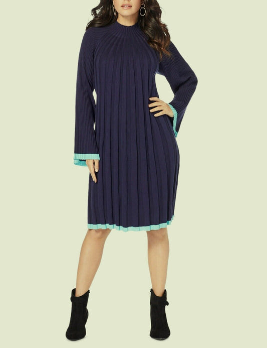 Roaman’s Plus Size Navy Soft Turquois Swing Sweater Dress Size L(18/20)