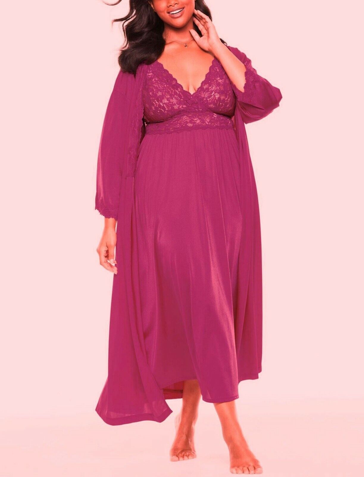 Only Necessities Plus Size Berry Long Peignoir & Robe Set Size 5X(38/40)