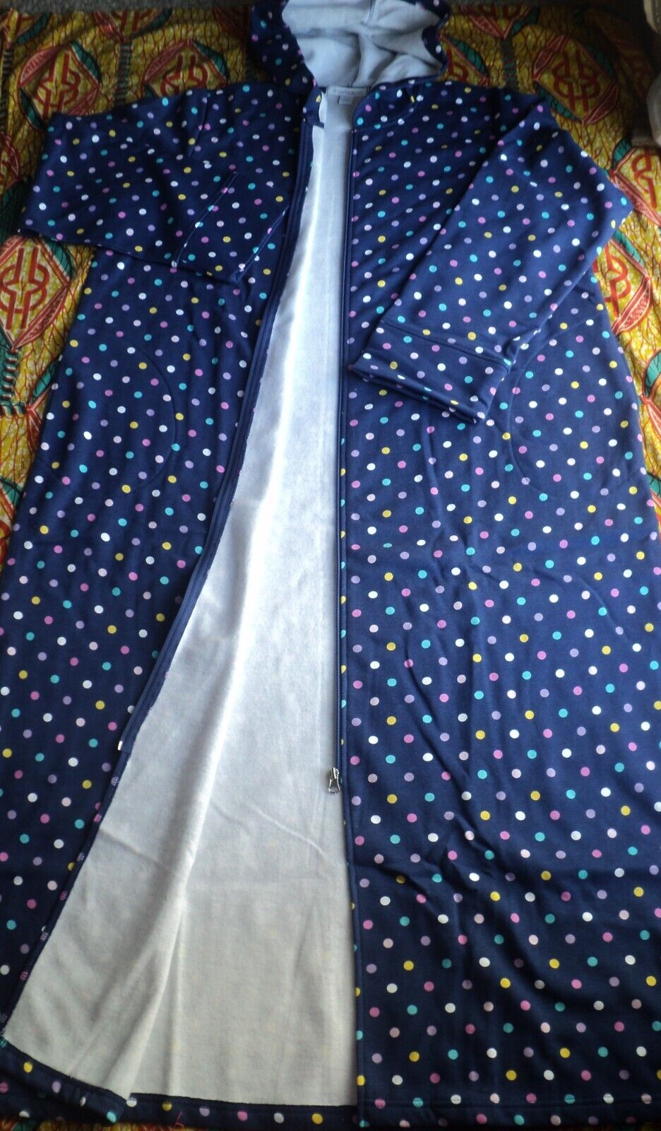 Dreams & Co. Plus Size Evening Blue Multi Dot Long Fleece Hoodie Robe Size 4X