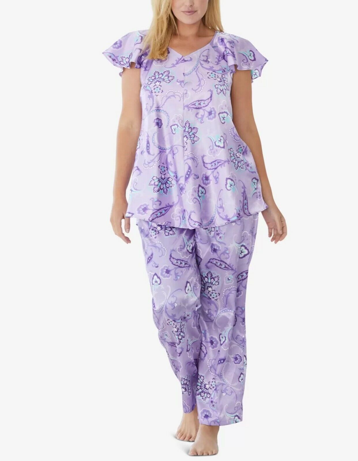 Amoureuse Plus Size Soft Iris Paisley Luxe Satin Pajama Set Size 3X (30/32)