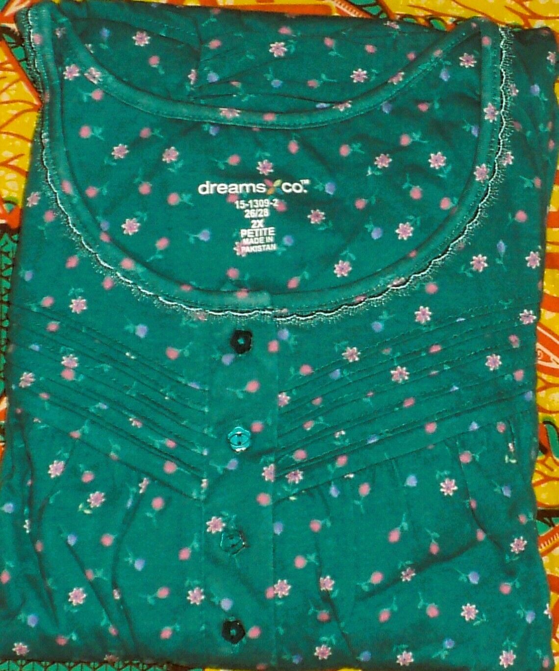 Dreams & Co. Plus Size Petite Deep Teal Ditsy Long Cotton Knit Nightgown Sz 2X