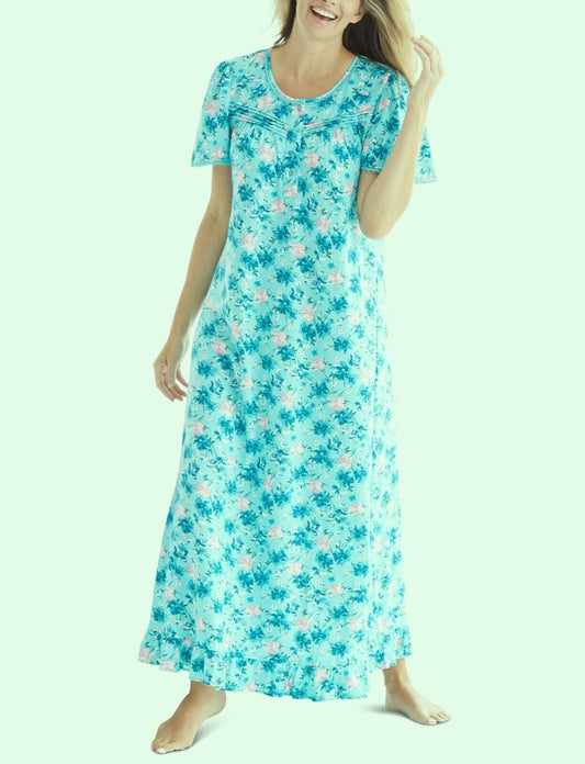 Dreams & Co. Plus Size Caribbean Blue Roses Long Cotton Knit Nightgown Size 3X