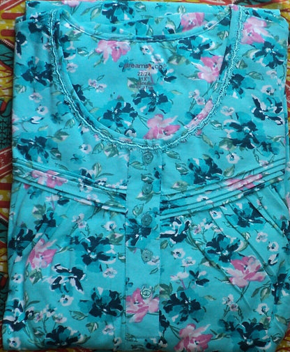 Dreams & Co. Plus Size Caribbean Blue Roses Long Cotton Knit Nightgown Size 3X
